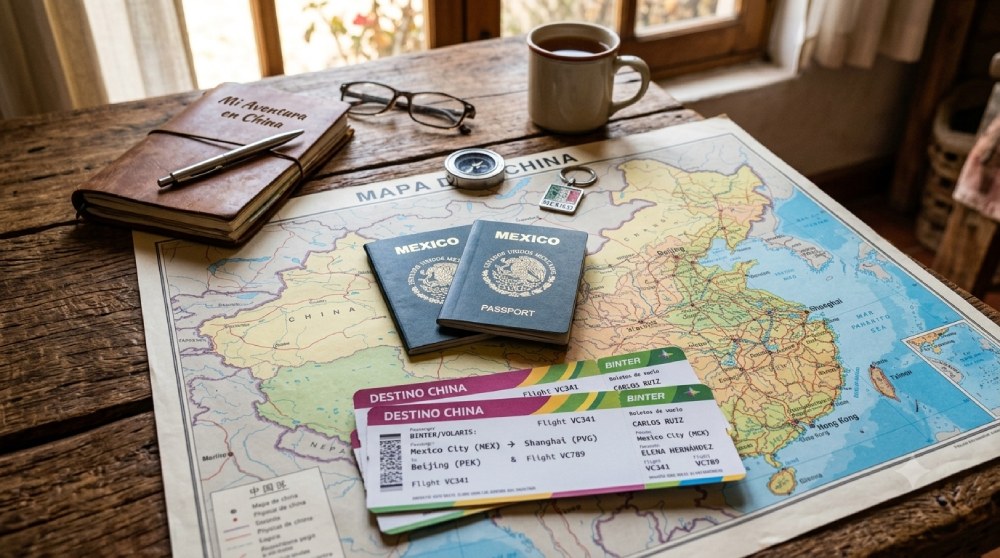 Pasaportes mexicanos sobre mesa mapa de china